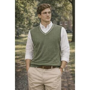 Brooks Sport Old Money Mens V-Neck Sweater Vest Cotton L Green Preppy Academia